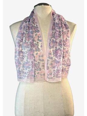 Vintage 1950's Glentex Nylon Scarf Hand Rolled Pink Floral 13"x43" EUC